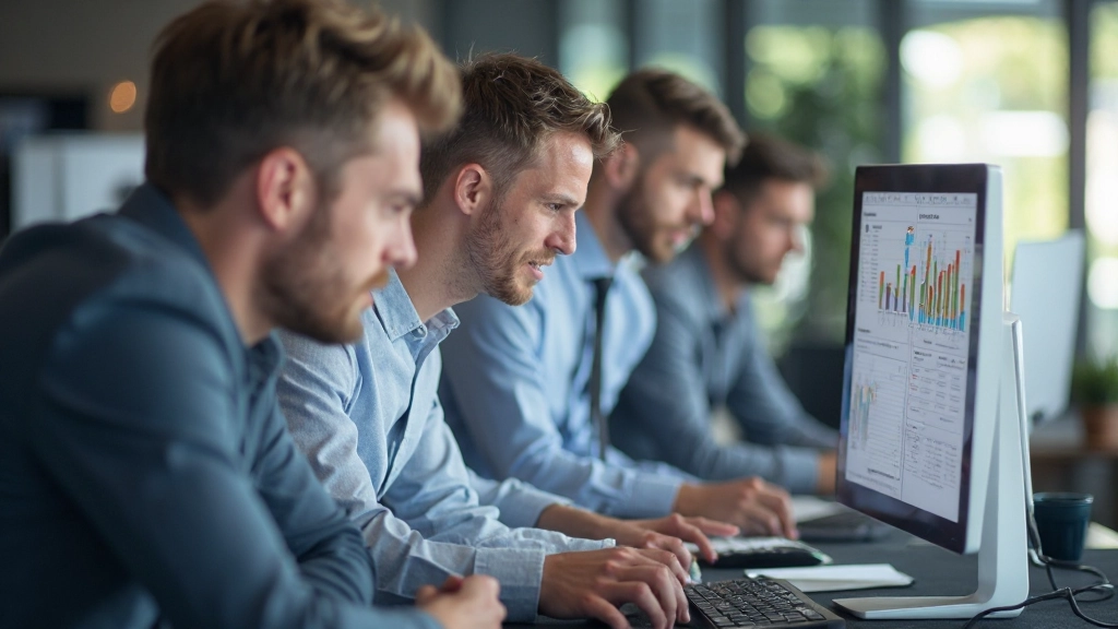 Team kijkt naar metriek-dashboard op groot scherm met analytics van mobiele gebruikers